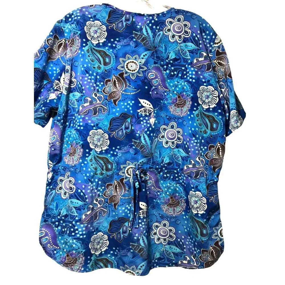 Cherokee Scrub Top Womens Blue Jungle Floral Print Nursing Work Top L Polyester - Picture 3 of 3
